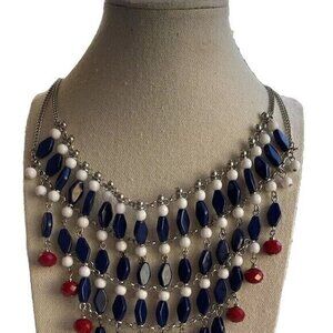 Vintage Patriotic USA Red White Blue Silver Tone Women’s Chain Necklace Sz 22 in